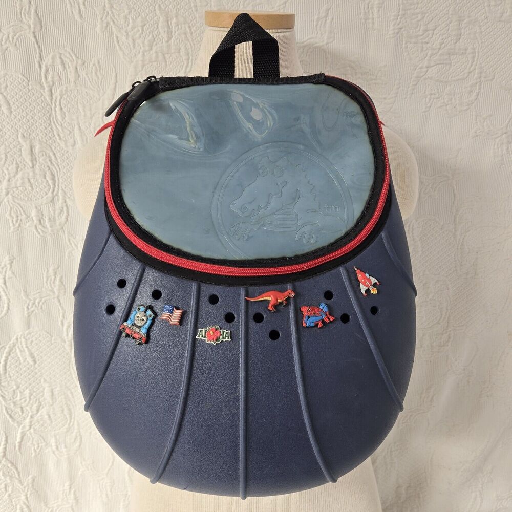 Rare Round Crocs Backpack Clear Blue Croslite Holes Jibbitz Embossed School Work